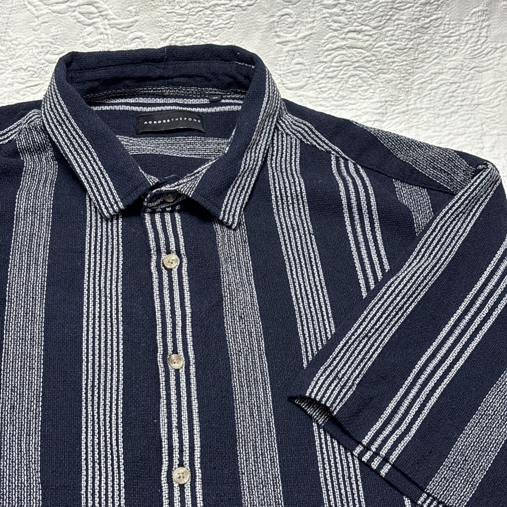 Across the Pond Men's Button Up SS Navy/white striped Woven textured 3XL